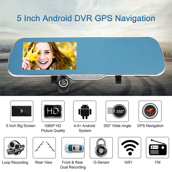 5" Android 4.4 Smart System GPS Navigation Car Rearview Mirror DVR Dual Lens Front Rear 1080P Camera Recorder with G-sensor