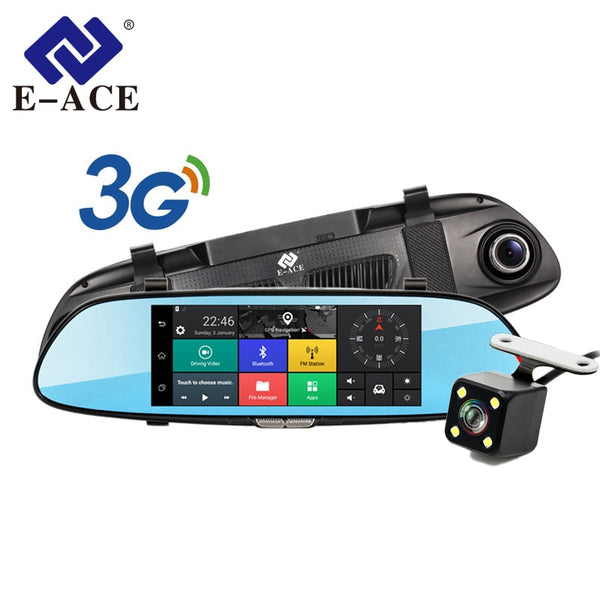 E-ACE 3G 7" Touch Car DVR Camera GPS Bluetooth Dual Lens Rearview Mirror Android 5.0 Video Recorder Full HD 1080P Auto Dash Cam