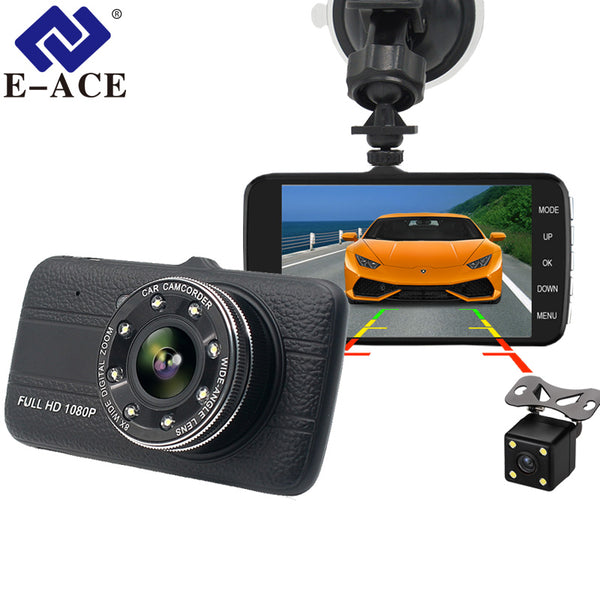 E-ACE Car Dvr With Rearview Camara 4.0 Inch IPS Screen Video Recorder Full HD 1080P Car Registrator 8 Led Lights Auto Dash Cam