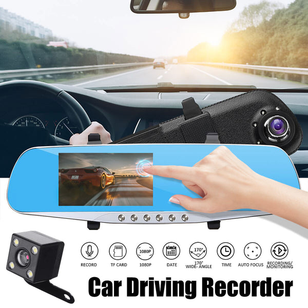 4.3" TFT LCD Car DVR Dual Lens Blue Mirror Monitor Dash Cam Video Recorder Camcorder + Rearview Camera IR Night Vision