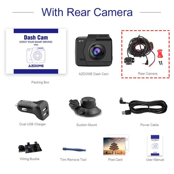 AZDOME M06 Hidden 4K 2160P WiFi Car DVRs Recorder Dash Cam Dual Lens Vehicle Rear Camera Built in GPS WDR Night Vision Dashcam