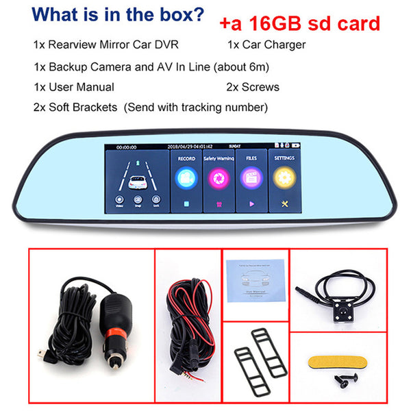 Xgody 7'' Dash Cam Car Dvr Touch Screen Rear View Camera Double Lens Video Recorder Dashcam Mirror